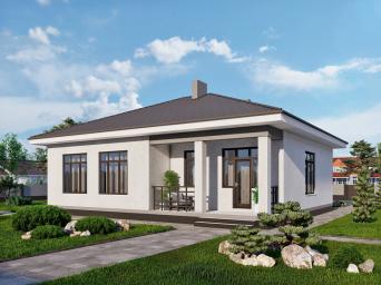 Одноэтажный дом с террасой, тремя спальнями и отделкой штукатуркой